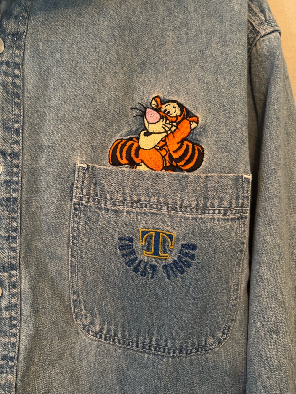 Disney Light Blue Denim Button-Down Shirt with Tigger Pocket Embroidery - Picture 6 of 9